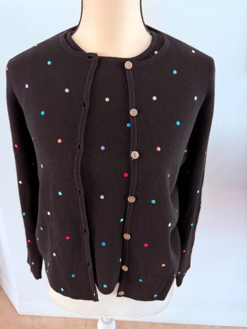 Mercer & Madison Petite Medium Polka Dot Sweater Set Cardigan Shell 100% Cotton